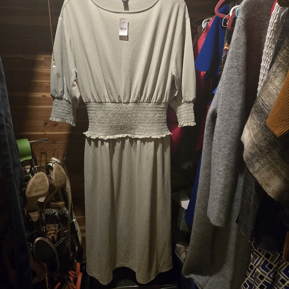LOFT Light Gray Smocked Long Sleeve Dress